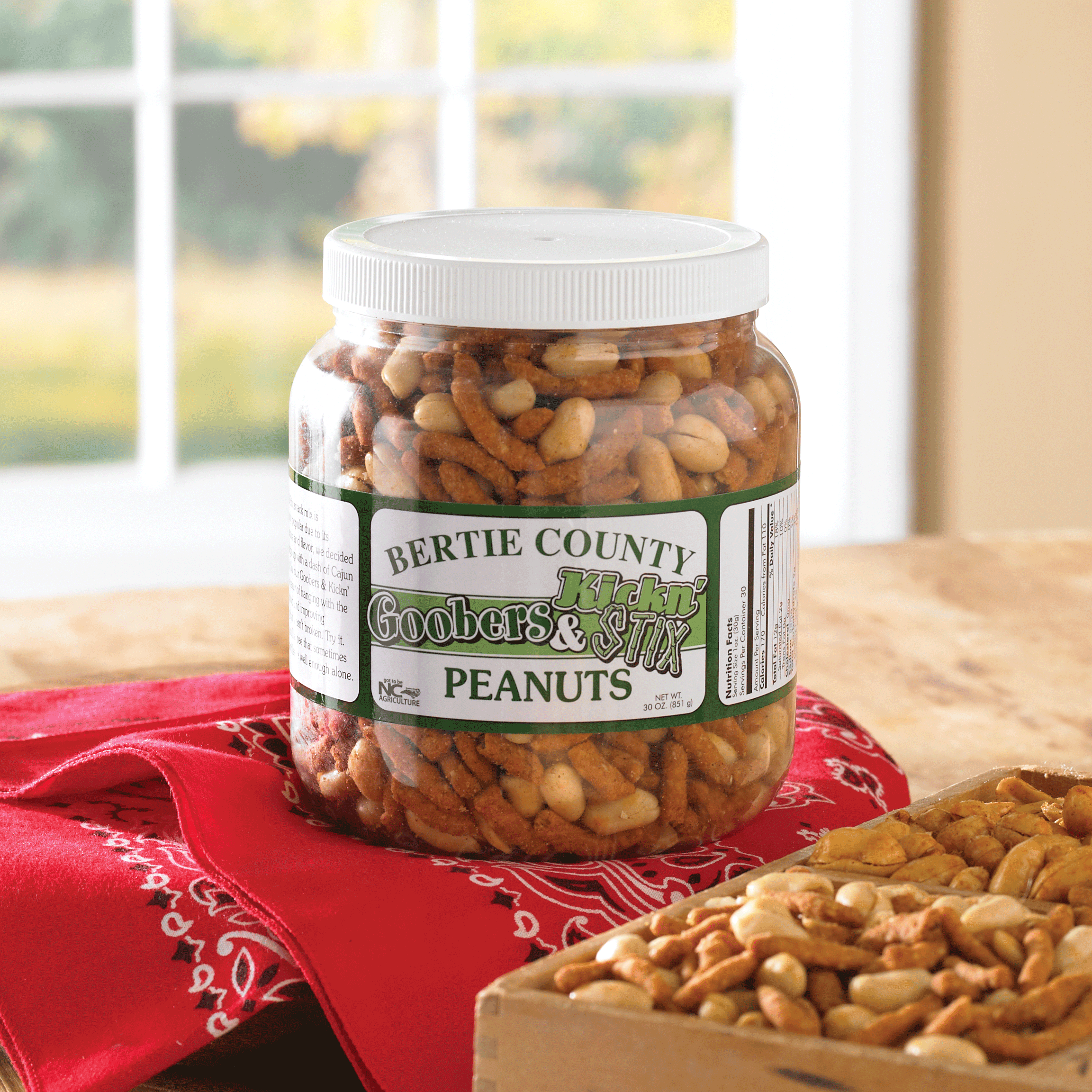 A jar of Bertie County Goobers & Kickin' Stix peanuts