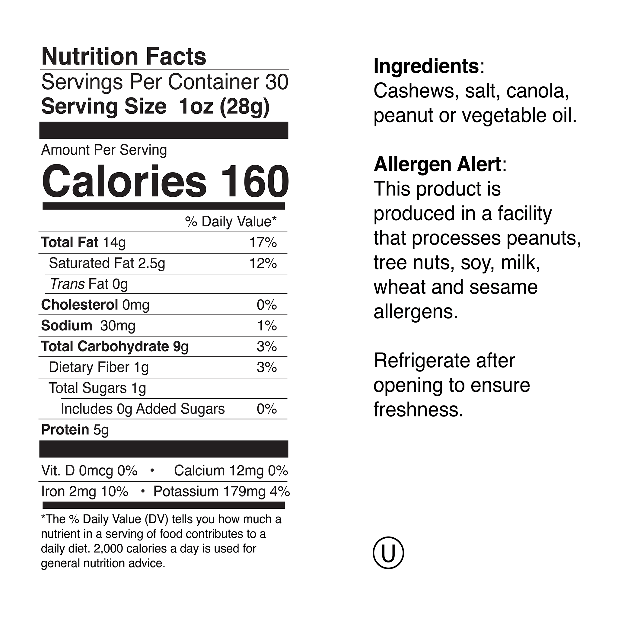 Cashew Large Jar Nutrition Info