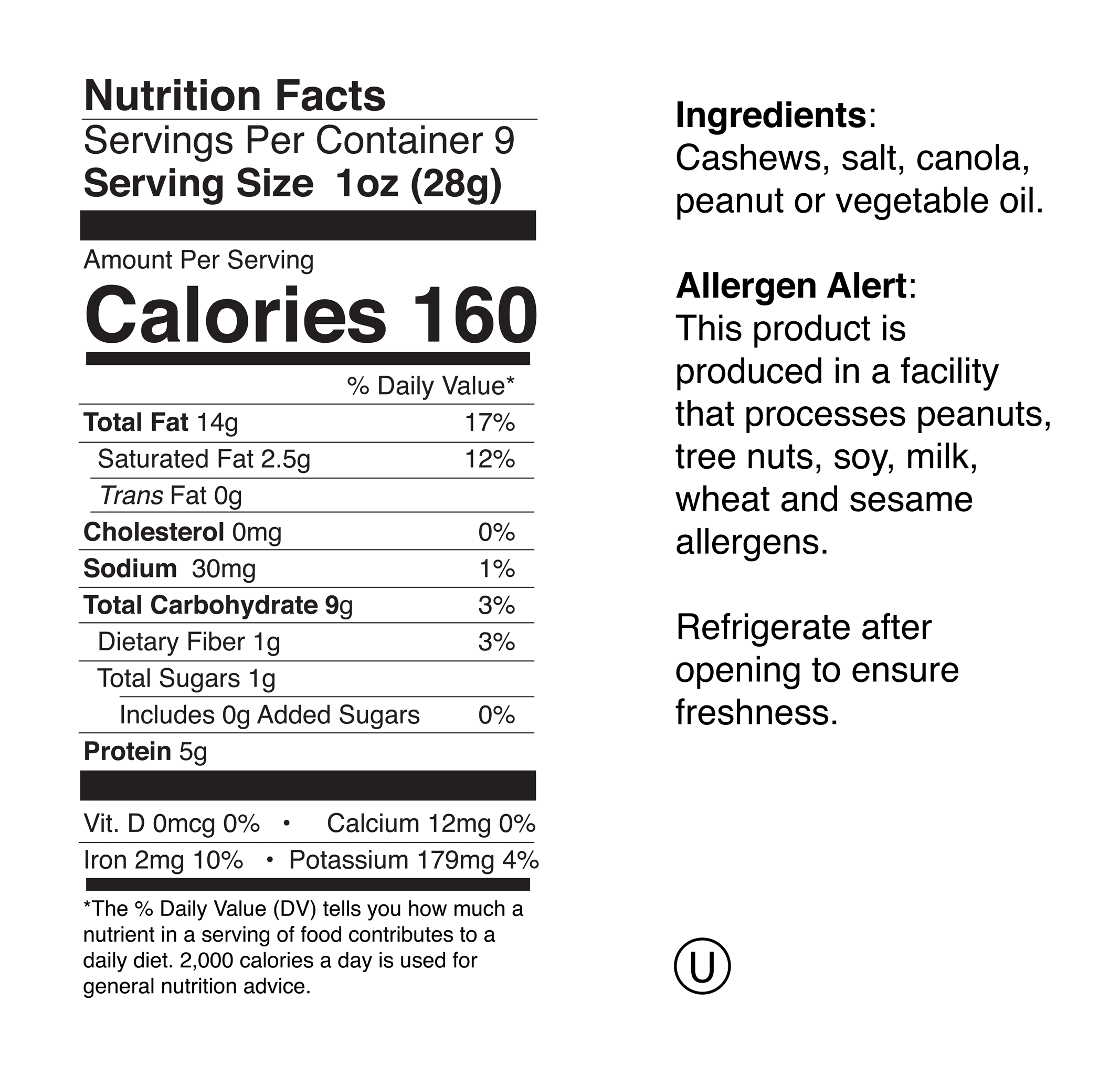 Cashew Small Jar Nutrition Info