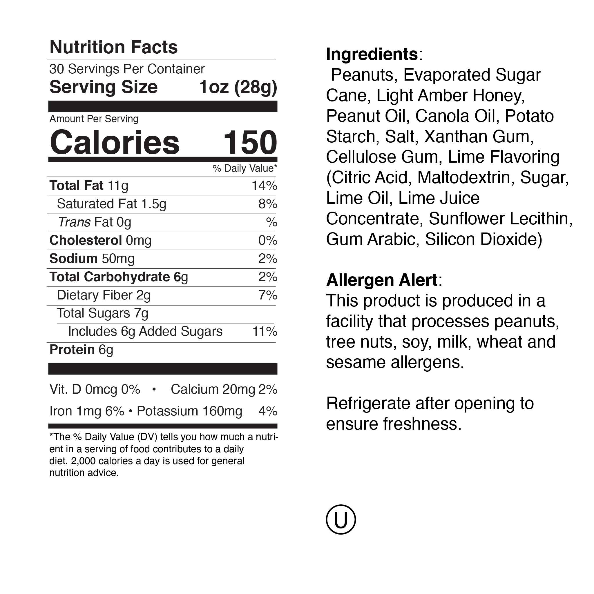 Honey Lime Roasted Peanuts Large Jar Nutrition Info